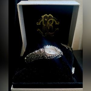 Roberto Cavalli Womens Eva Snake Watch, Silver Stainless Steel Hinged Bangle